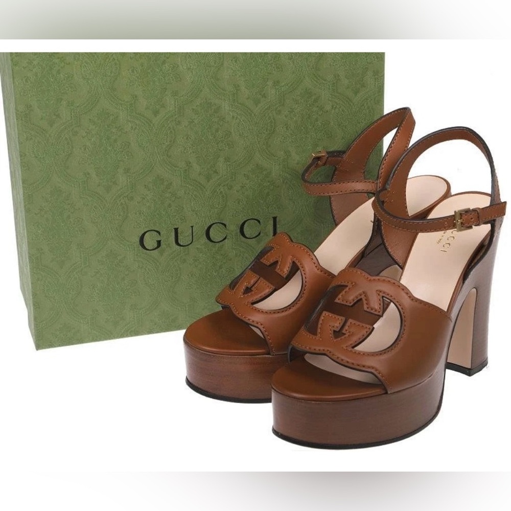NEW GUCCI BROWN LEATHER CUT OUT INTERLOCKING G LOGO SANDALS HEELS SHOES 39.5/9.5